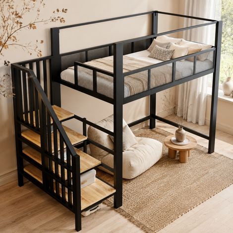 Letto a soppalco in metallo 90 x 200 cm con baldacchino, scala e vano HAVRYA (1/5)