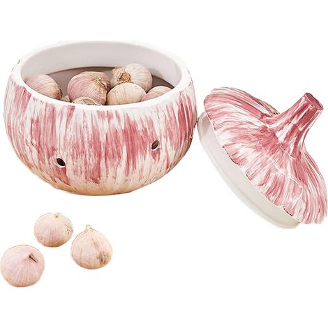Pot à ail en céramique, avec couvercle et trous d'aération, récipient à ail pour comptoir de cuisine, décoration (rouge) (1/5)