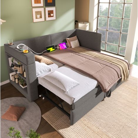 Letto daybed imbottito 90x200 cm grigio in misto cotone e lino, con letto estraibile, testiera laterale reversibile USB/Type-C (1/5)