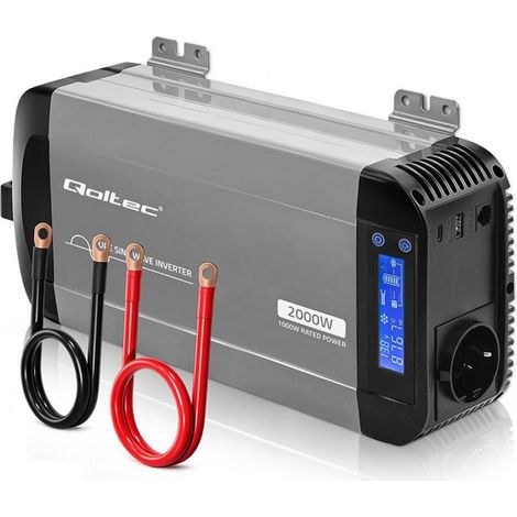 Convertidor de voltaje de onda sinusoidal pura Qoltec  12V a 230V  1000/2000W  LCD  USB  USB-C  Compatible con LiFePO4 GEL