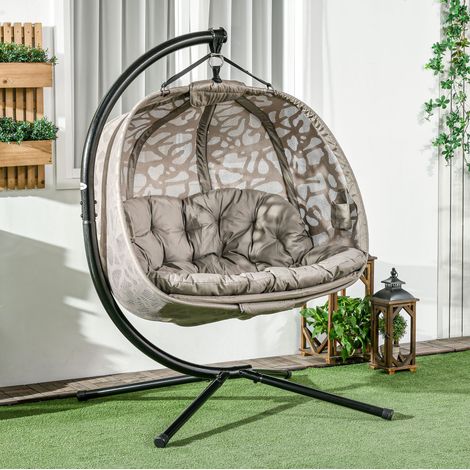 Silla colgante de 2 plazas (130x103x172 cm), plegable con techo y portavasos, acero, color arena (1/5)