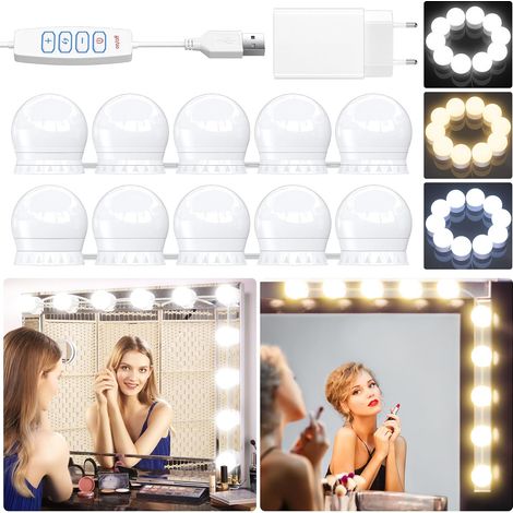 LED-Spiegelleuchte mit Adapter, 10 dimmbare Glühbirnen in drei Farben – Hollywood-Schminkbeleuchtung – LED-Kosmetikspiegelleuchte (1/5)