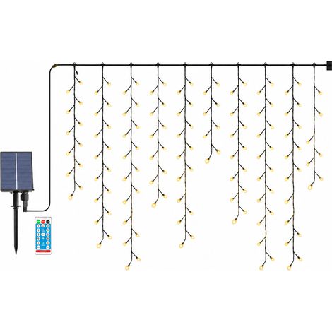 Guirlande Rideau LED Solaire, 264 LED Blanc Chaud, Étanche, Rechargeable USB avec Télécommande, Décoration Extérieure (1/5)
