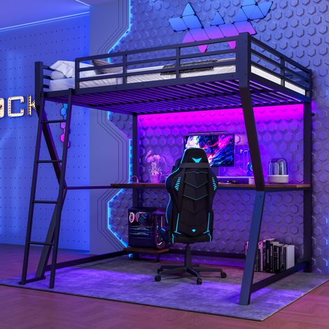 Hochbett Metall Schwarz 140x200 cm mit Schreibtisch, LED-Lichtleiste, Treppe und Steckdose+USB (1/5)