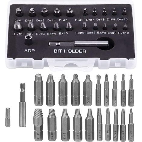 22-piece broken screw extractor set – HSS steel – DR1-DR10 bits – EX1-EX10 extractors – 4 mm socket adapter (1/5)