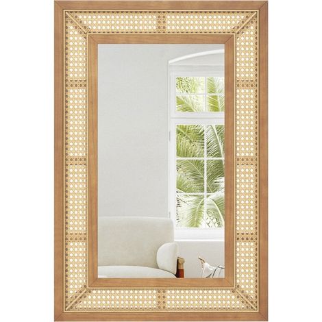 Specchio da parete in rattan con cornice in legno, 90x60 cm, da appendere