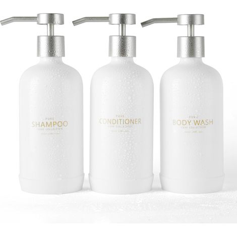 Lot de 3 distributeurs de shampooing et d'après-shampoing rechargeables de 600 ml avec coussinet de protection antidérapant en silicone, distributeur de savon de douche avec étiquettes étanches (1/5)
