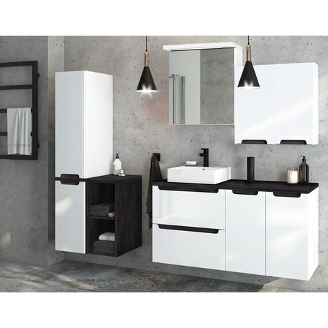Badmöbel Komplettset Hochglanz weiß mit Beton-Dunkel SOFIA-107 Keramik-Waschtisch & LED-Spiegelschrank, B/H/T ca. 210/200/46 cm (1/5)