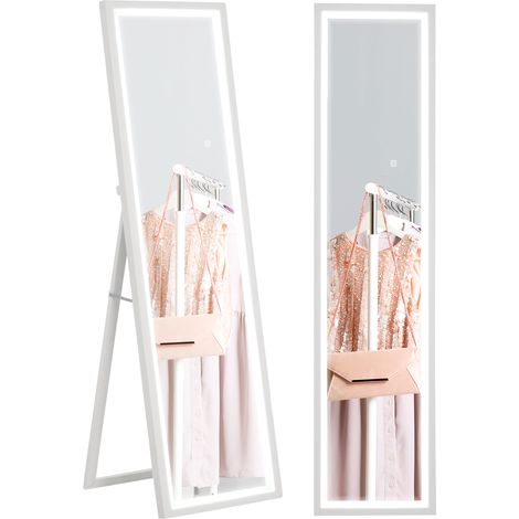 Specchio da Terra con Luci LED Regolabili, 3 Colori, 40x160 cm Specchio da Parete e Autoportante a Figura Intera in Vetro Temperato e MDF con Funzione Memory, per Soggiorno, Bianco