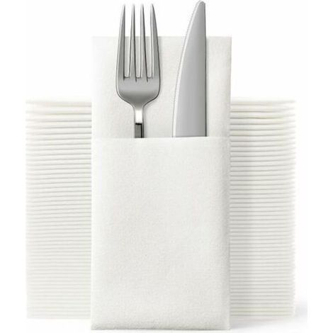 Lot de 50 serviettes de table jetables en tissu, avec poche à couverts intégrée, aspect lin blanc, pour mariages et fêtes, pré-pliées pour les couverts. (1/5)