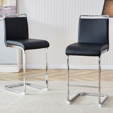 Set di 2 sgabelli da bar 96,5 cm in stile moderno ergonomico con poggiapiedi in similpelle nera e gambe argentate