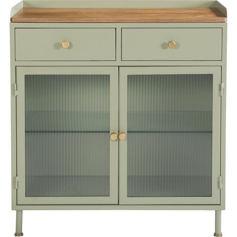 Buffet 2 portes 2 tiroirs en métal vert, manguier et verre - MARNIE