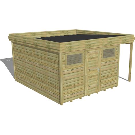 ABRI DE JARDIN bois Pin autoclave 27mm - 4,44x4,34m / 19,3m2 - Bac acier - Plancher bois (1/5)