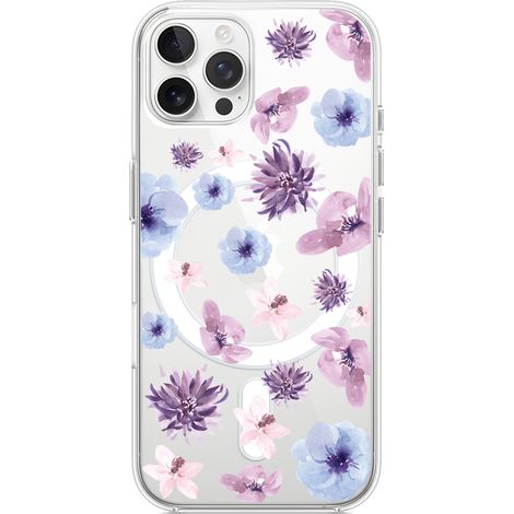Custodia per iPhone 12 Pro con MagSafe, trasparente, in silicone flessibile, blu, con fiori viola (1/5)