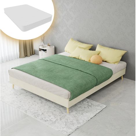 Lit adulte 140x200 cm en tissu et métal beige, gain de place pour chambre, avec matelas FloraGrace (1/5)