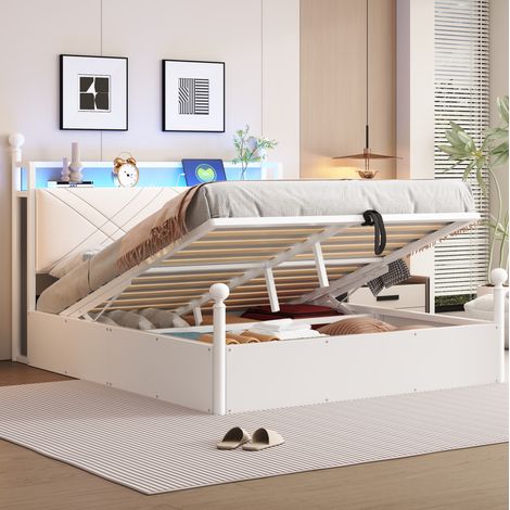 Lit adulte 140x190 cm avec rangement hydraulique, tête de lit avec ports USB et Type-C et LED, en métal, blanc, sans matelas (1/5)