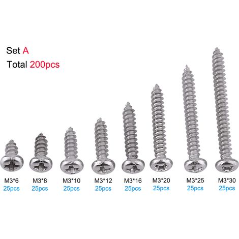 200 vis autotaraudeuses M3 en acier inoxydable SS304 à tête plate. (1/5)