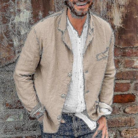 Veste de costume décontractée en lin pour homme, revers boutonné, etc. (S kaki)