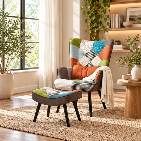 Fauteuil Relax de Salon Patchwork Scandinave avec Repose-Pieds et Coussin Lombaire – Pieds en Bois Massif (1/5)