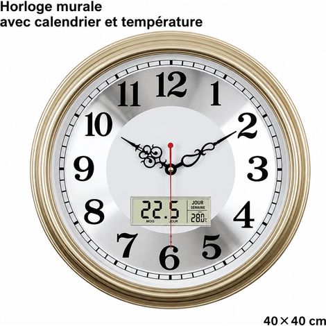 Horloge murale ronde 40 cm champagne métal cadran argent avec calendrier LCD 16 40 cm réf 42 × 42 × 15 cm 750 g – Livraison gratuite