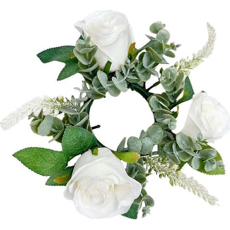 Couronne de bougies avec anneaux et supports pour bougies piliers, roses artificielles de 22 cm, idéale pour Noël, décoration de porte d'entrée, fête ou bar.-White