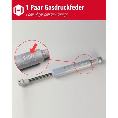 2 x 250 N Gasfedern – Kesseböhmer Gasdämpfer für HSB-Drehgelenke – Dämpfer für Rollläden, Schranktüren und Küchenschränke, Druckfeder mit Anleitung (1/5)