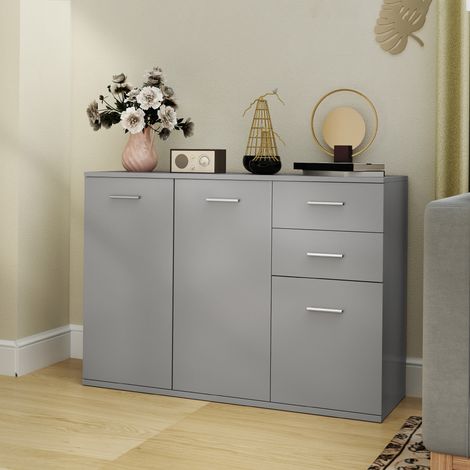 Meuble Moderne avec 3 Armoires et 2 Tiroirs, en Bois, 106x35x76 cm, Gris Clair (1/5)