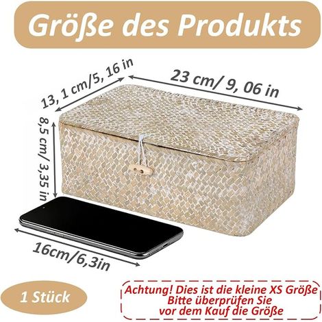 Boîte de Rangement Rotin Tressé Couvercle, Paniers Rangement Osier Couvercles, Blanc Paniers Rangement Jonc Mer Couvercles, Chambres (XS, Blanche) (1/4)