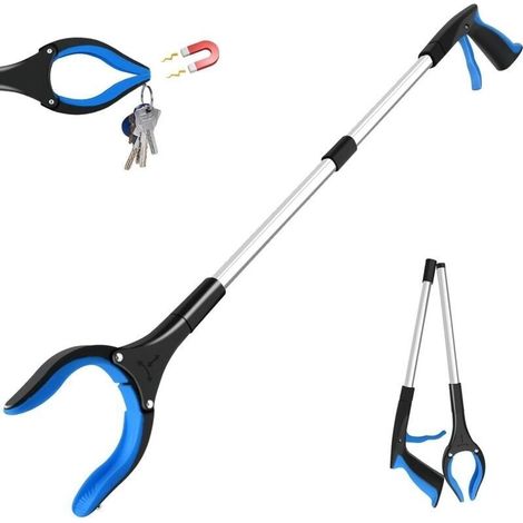 Pince de Ramassage Pliante 82cm, 360° Tête Rotative Pince Ramasse Objet en Aluminium, Pince de Préhension, Pince Telescopique avec Embouts Magnétiques, Ramasseur de Déchets (Bleu) (1/4)