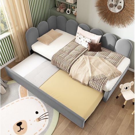 Cama nido tapizada en terciopelo gris 90x200 cm con cama extraíble 90x190 cm (1/5)