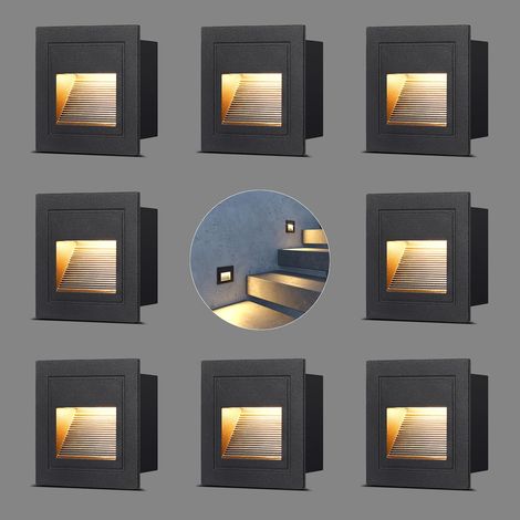 8 Pièces LED Escalier 3W 300LM, Lampe D'escalier 230V 3000K, Eclairage Escalier Exterieur/Intérieure IP65, Boîtes Encastrable 68mm, 85 X 85mm, Applique Murale LED Encastrée Aluminium Noir (1/5)