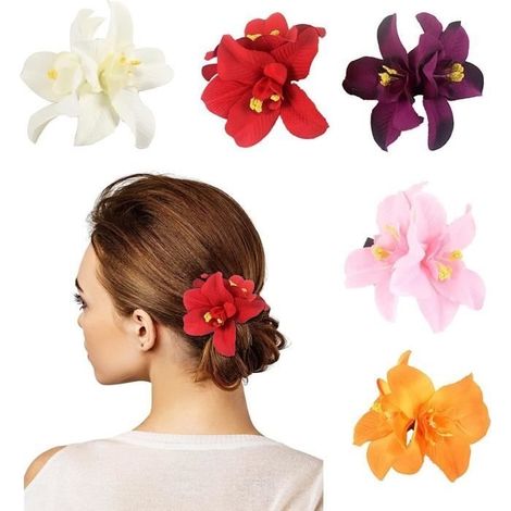 Haarspange (Orange, Rot, Lila, Rosa, Weiß) – Hawaii – 5 Stück – Orchideenblüten – Verschiedene Farben – Krokodilklemme (1/4)