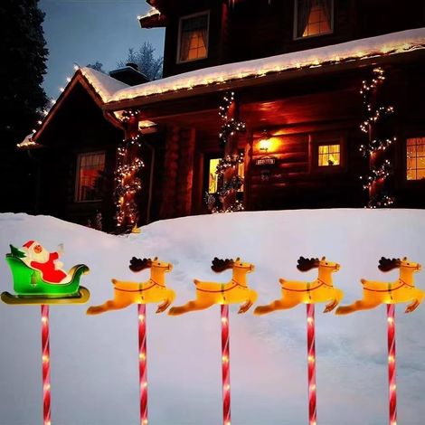 5 Pack LED extérieur sol solaire inséré Père Noël luge lumières, imperméable solaire cour décoration Noël renne lumière, avec 8 modes de lumière chaude. (1/4)