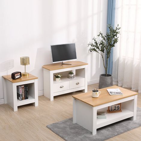 FURNITURE HMD Living Room Furniture Sets 3 Pieces Lamp/Side Tables Coffee Tables TV Unit Cabinets,White+Oak (1/4)
