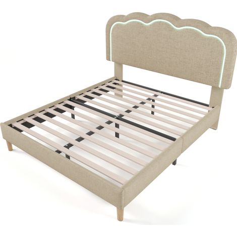 Lit double LED 140 x 200 cm beige en lin avec tête de lit réglable et sommier (1/5)