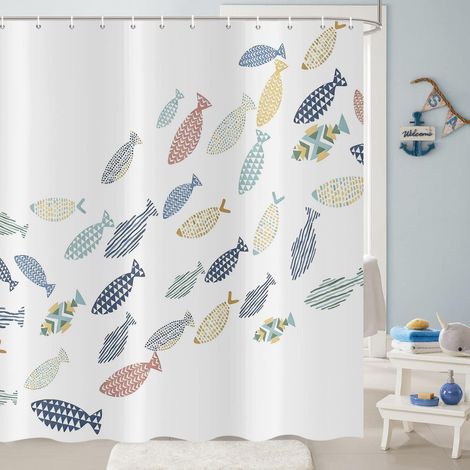 Rideau de Douche Poisson 180x200, Océan coloré Poissons nageant Dessin animé Blanc Minimaliste Imperméable Tissu Polyester Lavable Rideau de Bain pour Salle de Bain avec Crochets (1/5)