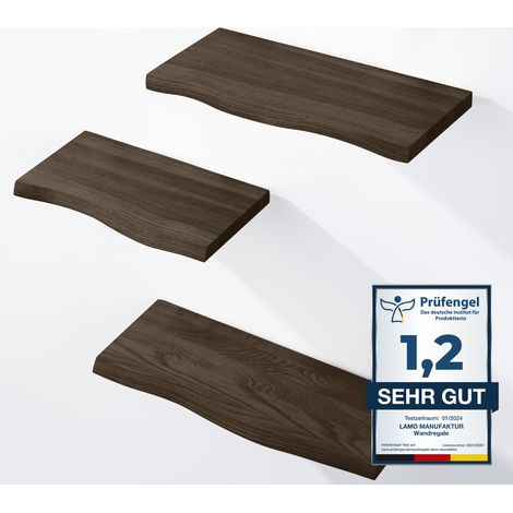LAMO Manufaktur 3 Stück Wandregal aus Holz 42/36/30cm SET 1 Baumkante Farbe: Schwarz