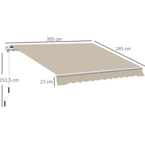 Tenda da sole manuale 395x245 cm con manovella, per balcone, patio e terrazzo, in alluminio e tessuto di poliestere 280 g/m², anti-UV, beige. (1/5)
