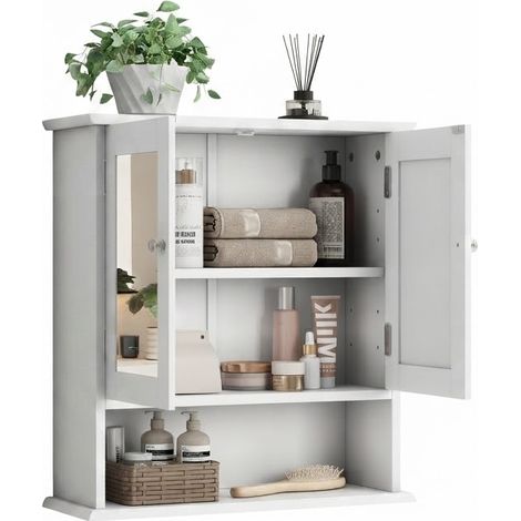 ELVMI Badezimmerschrank mit Spiegel, 1 Tür, offenem und verstellbarem Regal, Wandschrank aus weißem MDF, 70.5 x 32.0 x 14.5 cm (1/5)