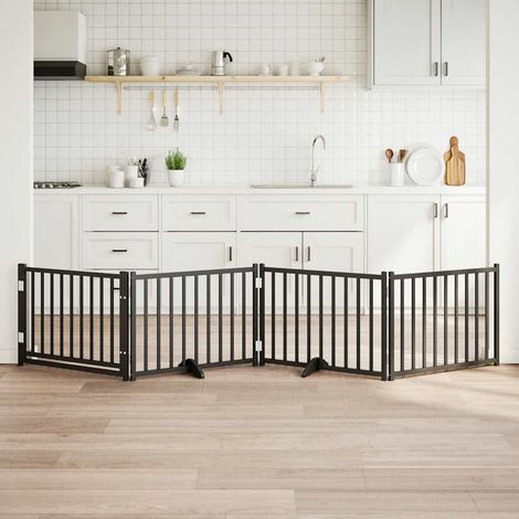 4-tlg. Hundetor mit Tür Faltbar Schwarz 320 cm Massivholz Tanne