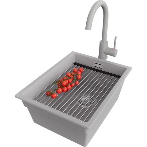 PRIMAGRAN Evier Sous Plan 36x47cm,Evier en Granit 1 bac + Robinet 32x20cm + Kit de Vidage + Égouttoir Enroulable, Évier au meuble 40cm - Prague, Gris (1/5)