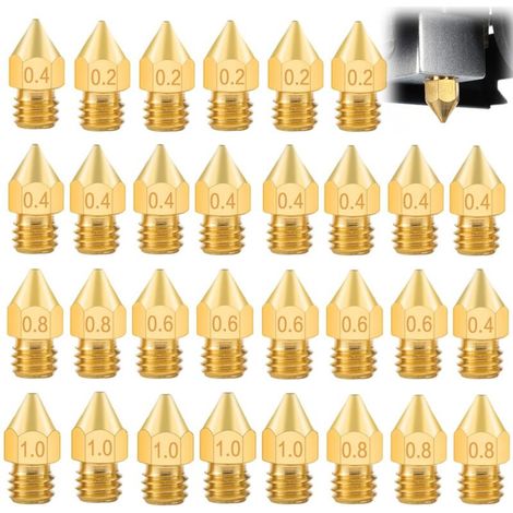 Buse Imprimante 3D - Laiton - Diamètre Orifice 0,2 mm à 1,0 mm - Filetage M6 - Compatible Filament 1,75 mm - Lot de 30 Pièces