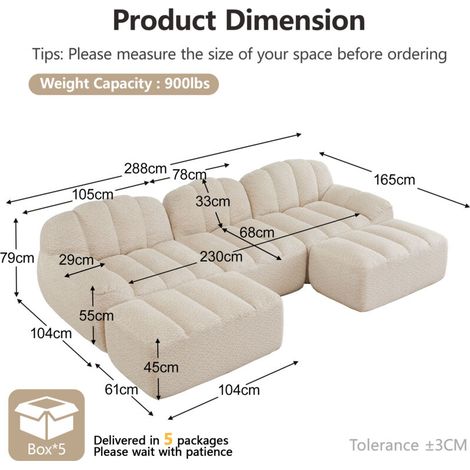 Canapé modulaire 3 places – Angle en L sans cadre, forme coque, 2 poufs, coussins profonds, beige et blanc – Espace cosy sur mesure (1/5)