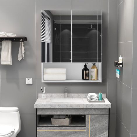 Bathroom Mirror Cabinet 2 Door Bathroom Storage Cupboard with Adjustable Shelves and Open Shelf Wall Mounted Mirror Cabinet for Living Room,Bathroom and Toilet (1/5)