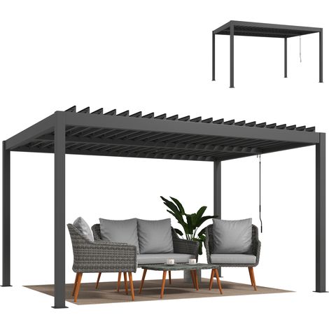 Pergola bioclimatica 4x3 m, in alluminio, con lamelle regolabili, manovella, protezione solare, impermeabile, grigio scuro.