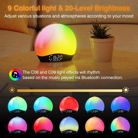 Réveil Simulateur d'Aube avec Enceinte Bluetooth, Lampe de Chevet LED Multicolore, Radio, 22 Sons Nature, 2 Alarmes, 20 Niveaux de Luminosité, Snooze, Minuterie - Adaptateur Inclus (Jaune) (1/4)