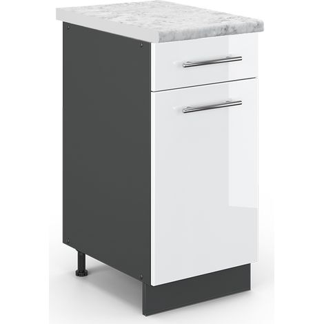 Mueble bajo de cocina Fame-Line, Blanco alto brillo, 40 cm , ET Mármol, Vicco