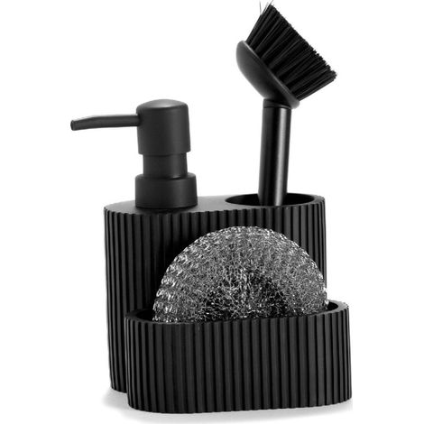 Distributeur liquide vaisselle + porte éponges polyrésine noir - 11.5x11x19cm (1/3)