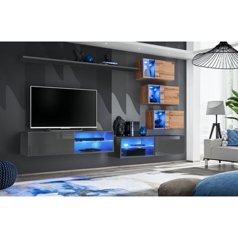 Ensemble meuble TV mural Switch XXIV - L 260 x P 40 x H 170 cm - Gris et marron - Livraison gratuite