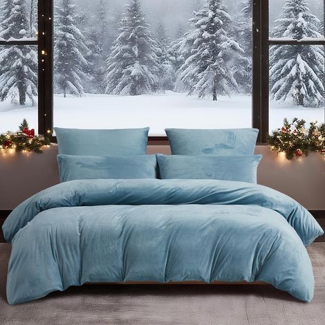 Winter Bettwäsche 200x200 cm Hellblau Flanell 3-teilig mit Reißverschluss